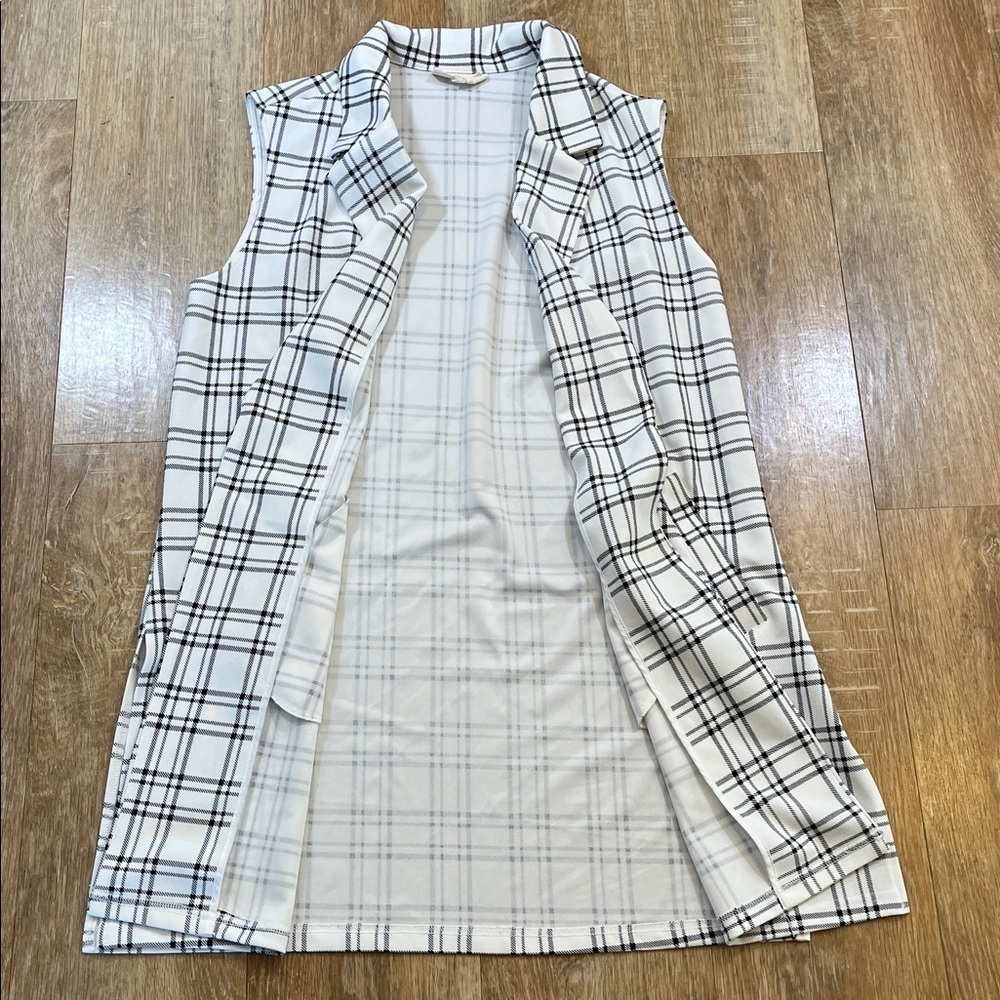 Melloday Longline Vest Windowpane Print White Black Open Front Medium M EUC - Picture 5 of 12